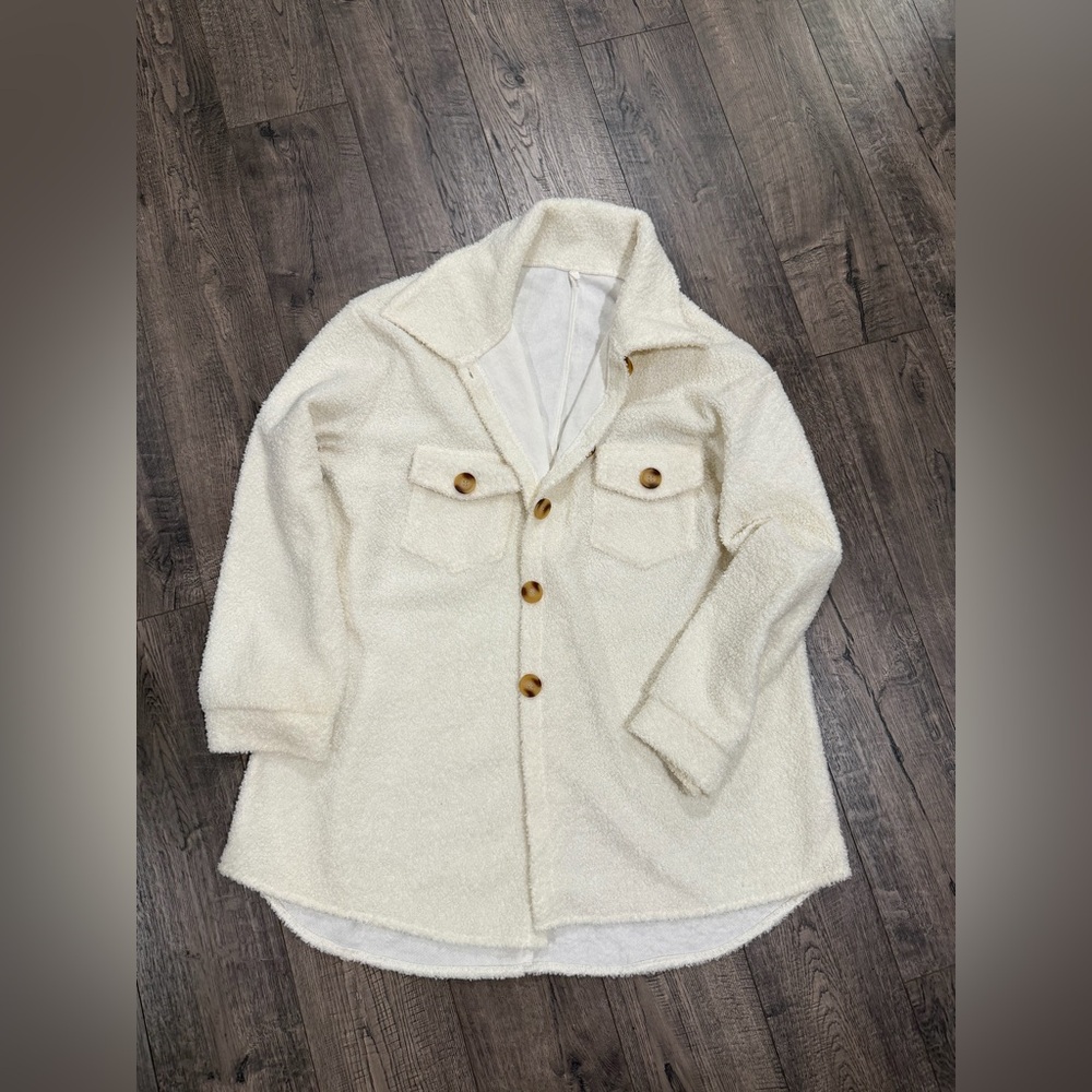 SHEIN Off-White Teddy Jacket with Wooden Buttons